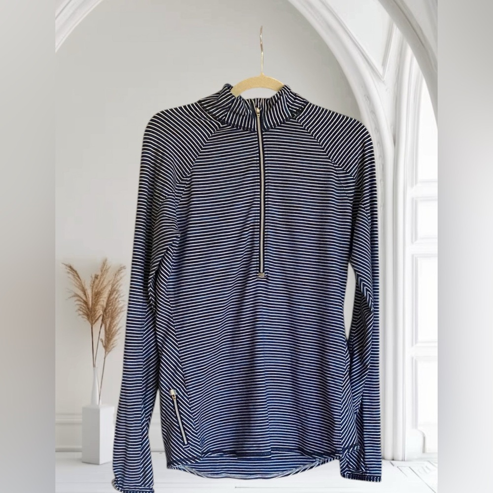 Athleta 1/2 Zip Running Wild Blue Stripe Pullover Large Tall